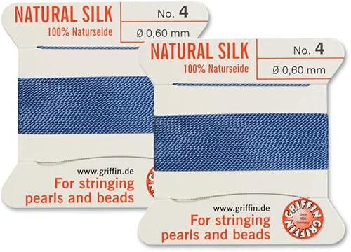 Griffin - Cordón para cuentas de seda natural, 2 unidades, hilo y aguja, tamaño 4, color azul