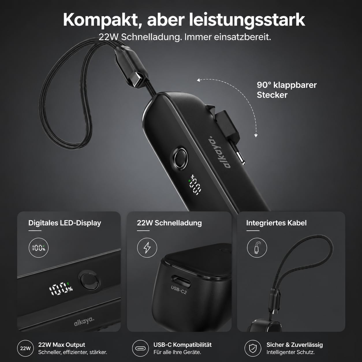 Alkaya Banque d'alimentation 2 en 1 5000 mAh avec prise murale UE pliable, charge super rapide USB-C 22 W, indicateur de pourcentage LED, seulement 157 g, batterie externe portable pour bureau, voyage