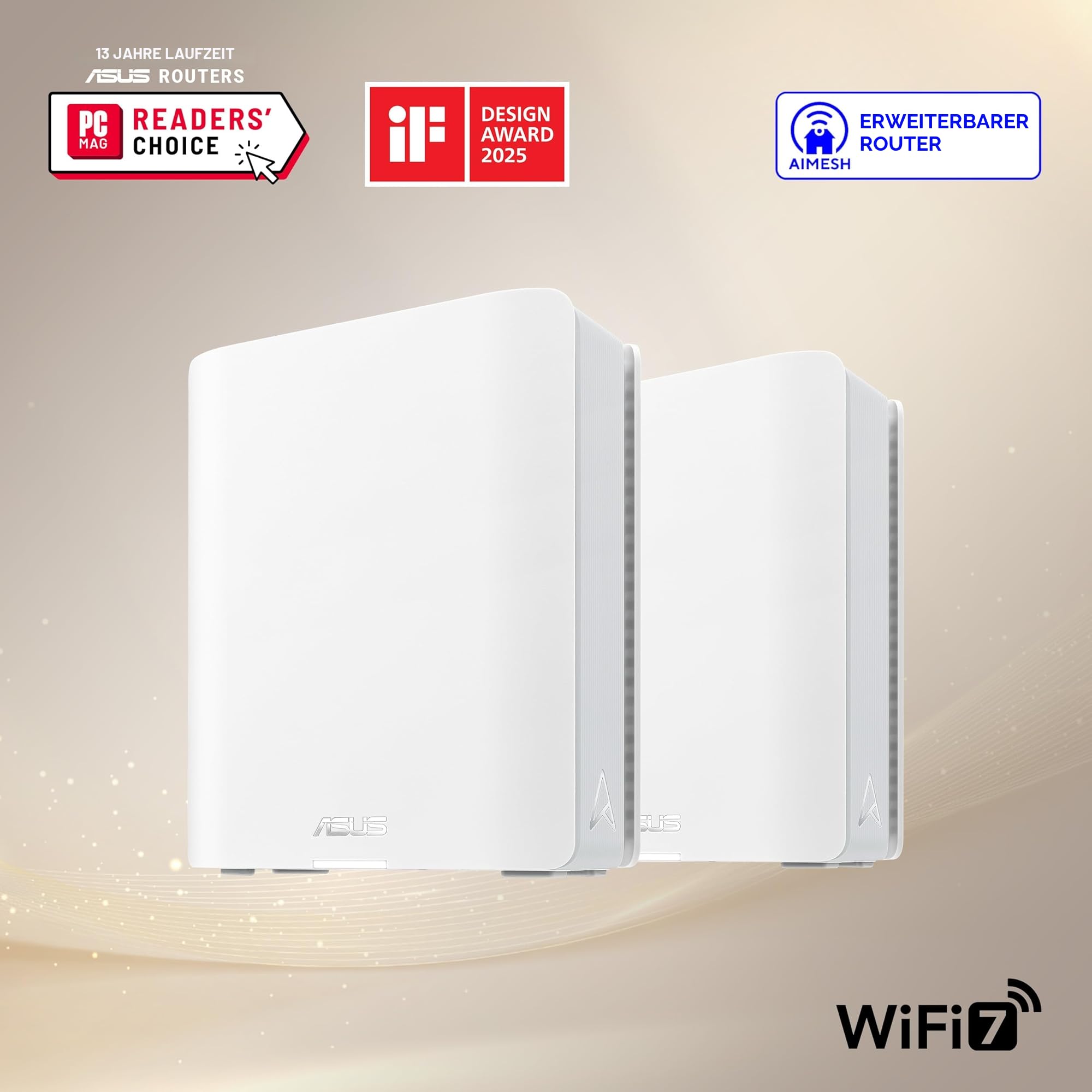 ASUS ZenWiFi BT8 Tri-Band WiFi 7 Smart AiMesh Extendable Router 2er Pack (6 GHz WLAN, 14 Gbps, bis zu 550m² Abdeckung, Dual 2.5G Ports, Kindersicherung, VPN) weiß