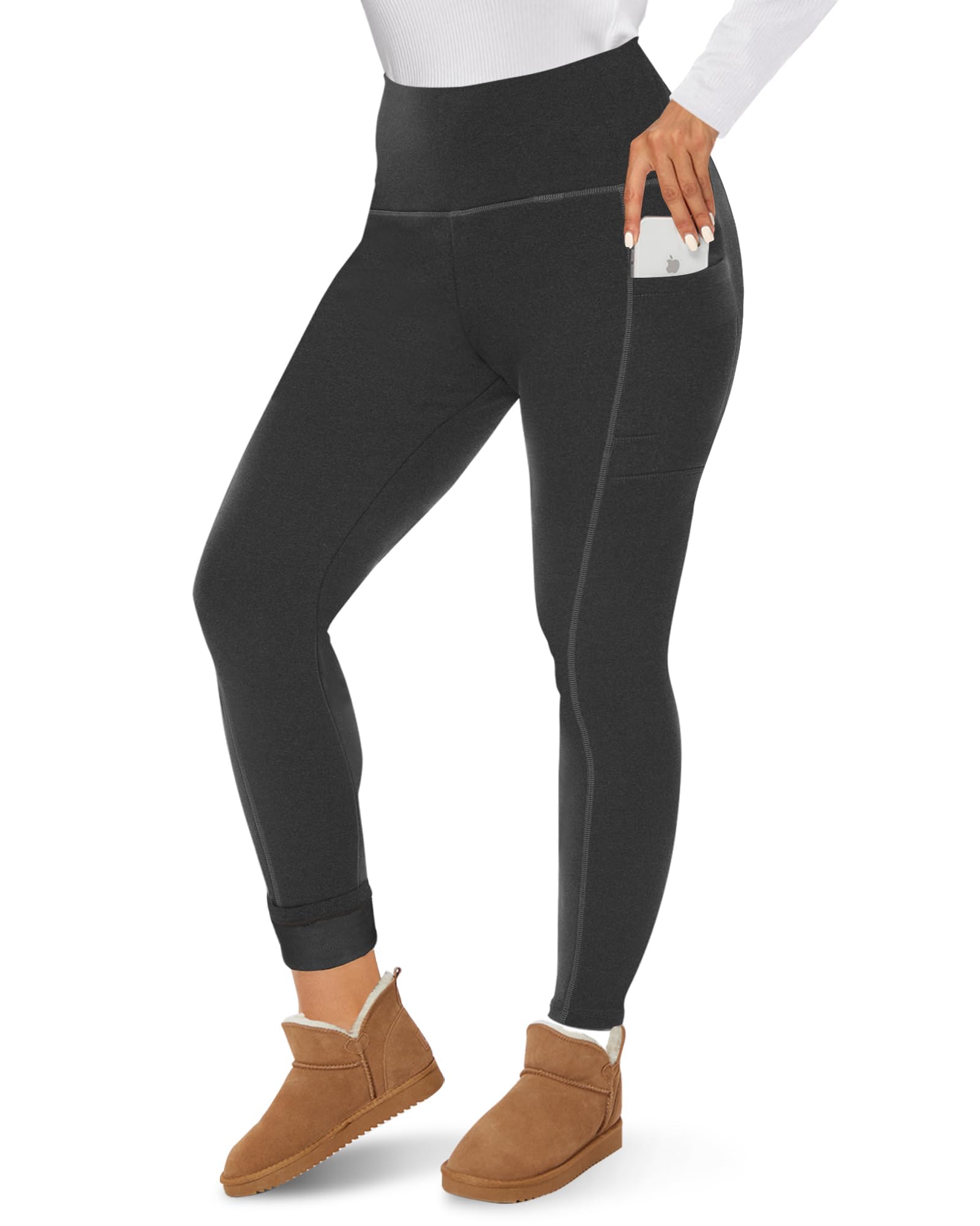 CAMPSNAIL Fleece Lined Leggings Women - Thick Soft High Waisted Black Tummy Control Thermal Warm Velvet Pants for Cold Winter Pockets, Dark Grey-heather Small