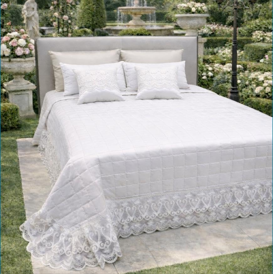 Trapuntino Copriletto Letto Matrimoniale Laura Blasi “Anastasia” In Raso Con Pizzo Rebrodè Con Cuscino Arredo (Bianco)