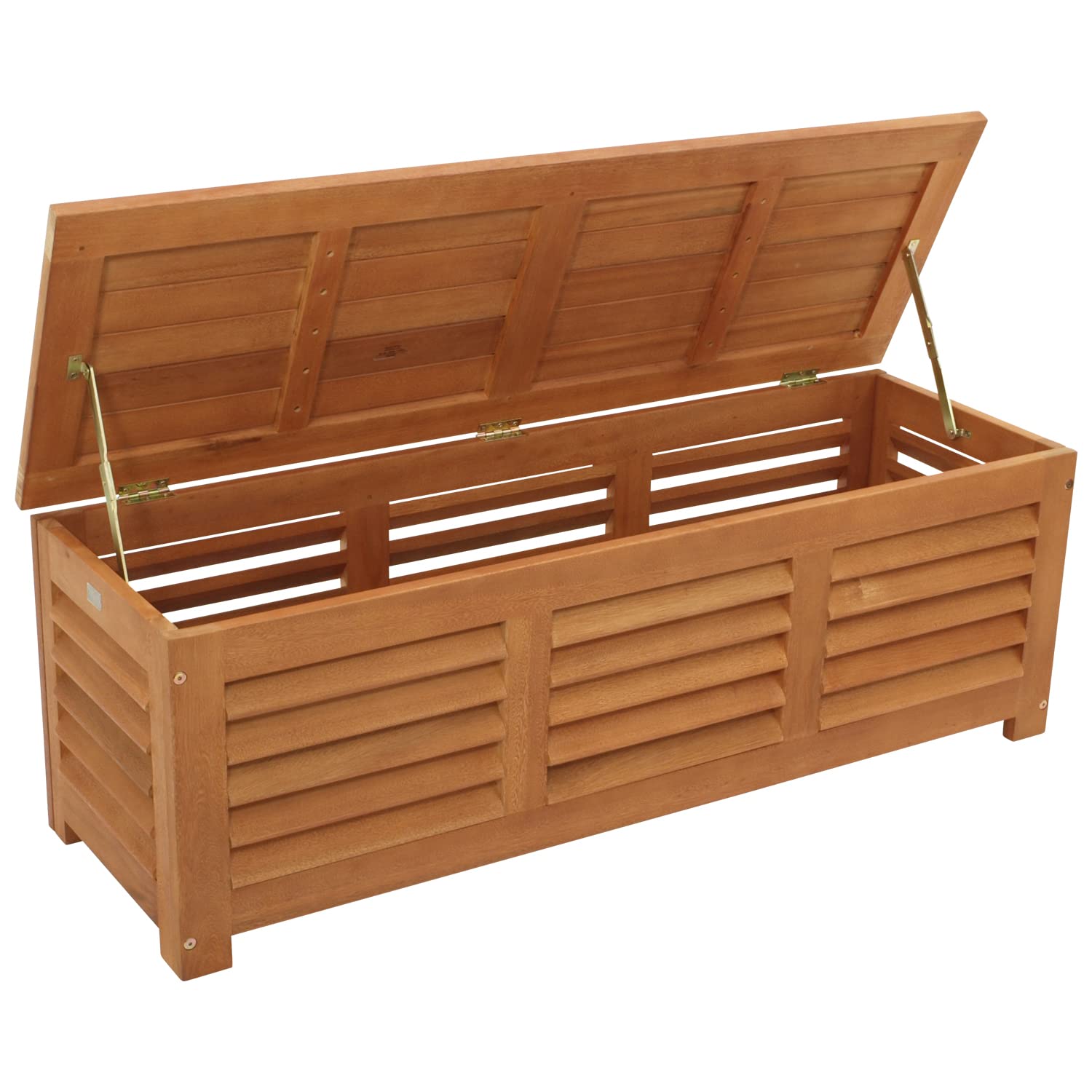 DEGAMO Kissenbox Kissentruhe mit Deckel 128 x 42 x 43,5 cm, Eukalyptus Holz braun geölt, mit Auflage grau, FSC®-Zertifiziert