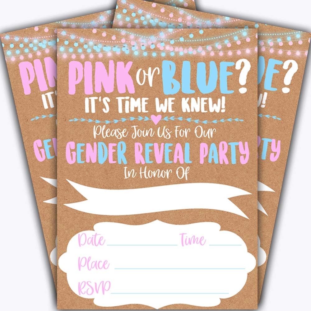 Gender Reveal Invitations with Envelopes, Kraft Gender Reveal Invites 20 Pack for Baby Shower and Gender Reveal Party, Rustic Gender Reveal Party Invitations!