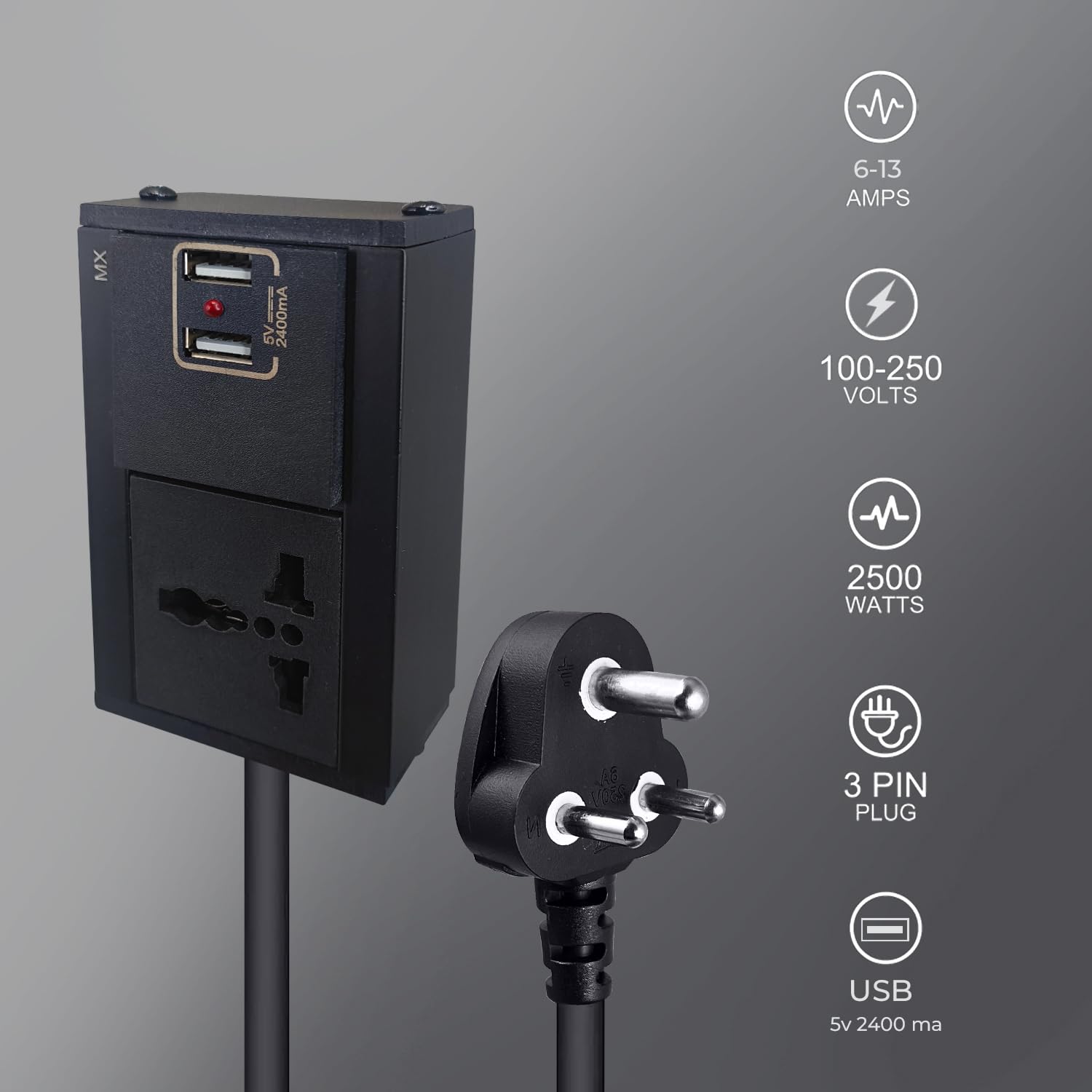 MX Single Socket Extension Board with 2 USB Ports (5V/2.4A) β 3 Pin 6A to 13A Compatible Power Extension Cord, 1.5 Meter Heavy Duty Cable with Indicator & Flame Retardant Body for Home & Office 2