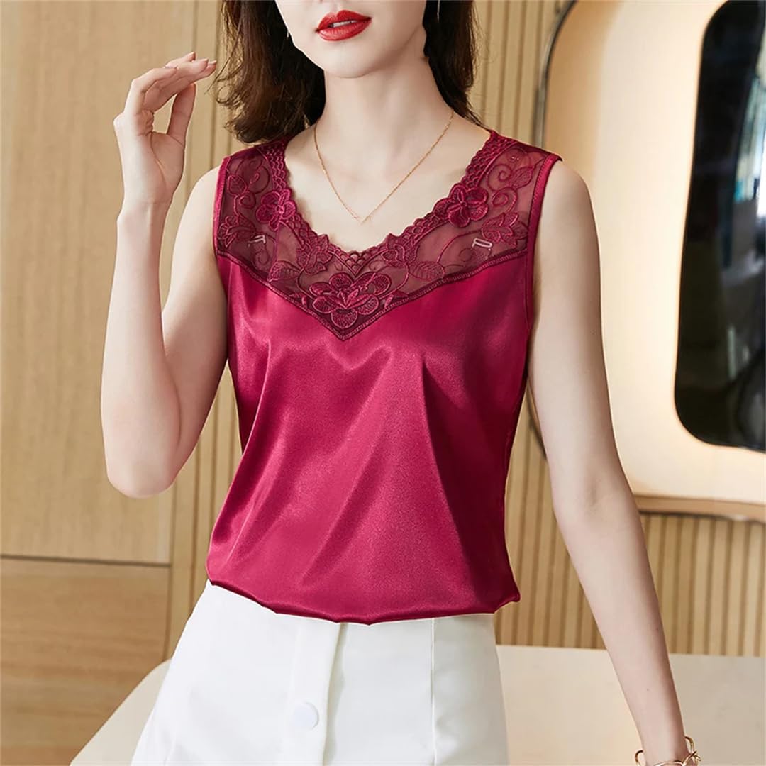 Canottiera da donna senza maniche con scollo a V estiva in raso con cuciture in pizzo