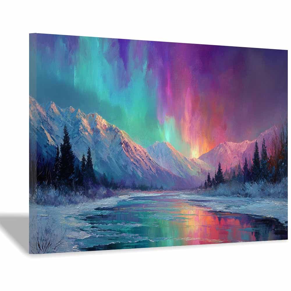 HUYEEI Canvas Print Wall Art Aurora Mountain Modern Nature Landscape Poster, for living room, bedroom,Corridor Office Room Decoretc.(multicolored)-70x100cm Framed
