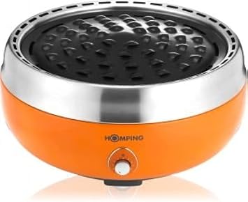 Ultimate Portable Charcoal BBQ Grill. Produces Less Smoke. Combined with its Electric Fan for air/Heat Control. Tailgating Grill Orange