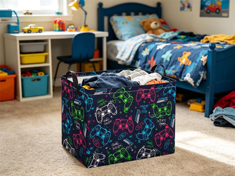 Image of Rectangular Baby Kids Storage Basket for Home Kitchen Girls Cute Toy Storage Bin Organizer Shelf Book Room Decor(Blue Game)