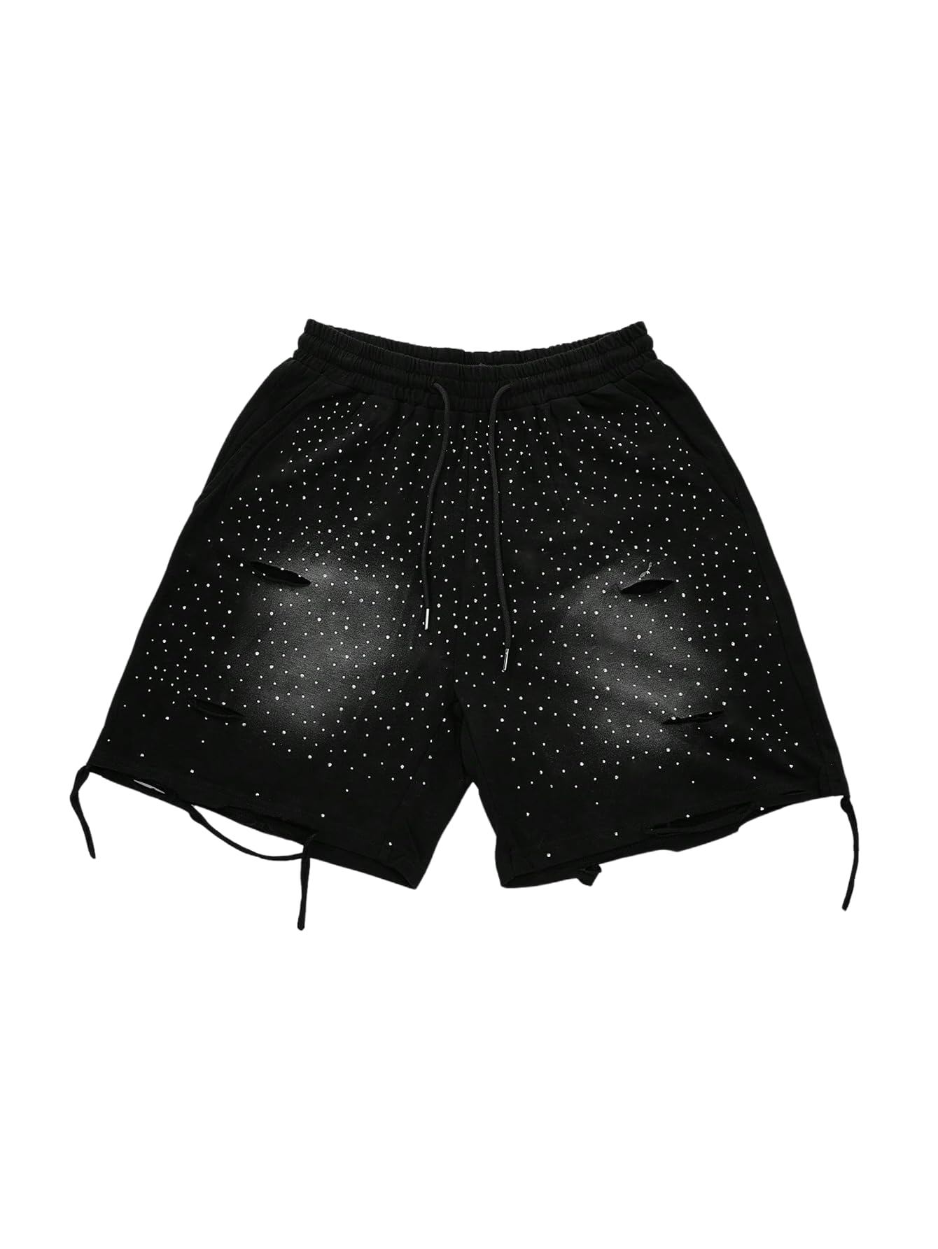 roseseek Men's Glitter Rhinestone Ripped Shorts Drawstring Waist Wide Leg Party Shorts with Pockets-picture-22