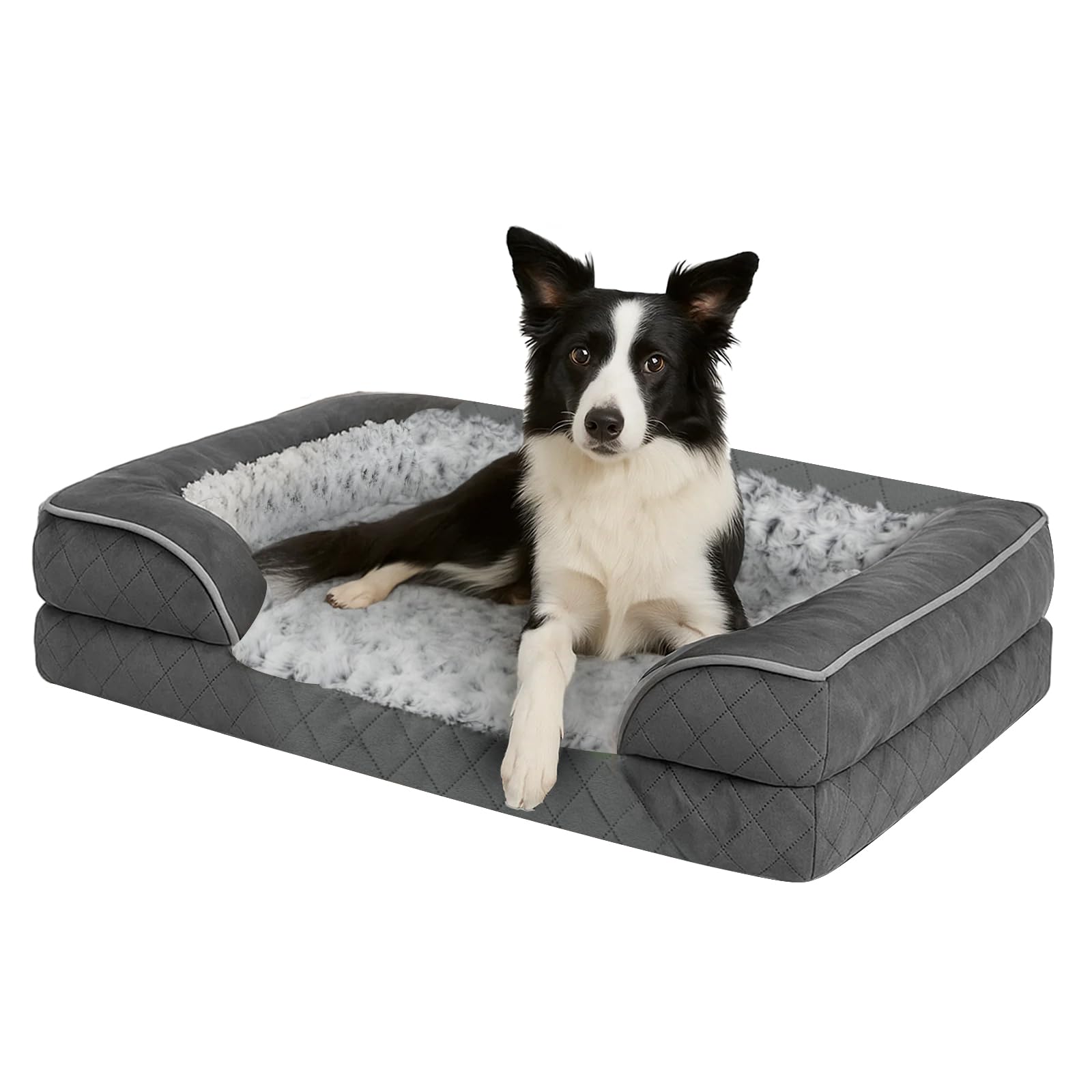 Skylos Orthopedic Memory Foam Dog Bed XL, Dog Sofa with Sides and Waterproof Liner Washable Cover, Non-Slip Pet Sofa for Large Dogs, 107x81x17cm, Grey