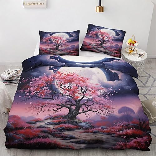 OmErsa Juego de funda de edredón de microfibra suave con diseño de árbol de cerezo, tamaño individual, juego de ropa de cama japonesa rosa para
