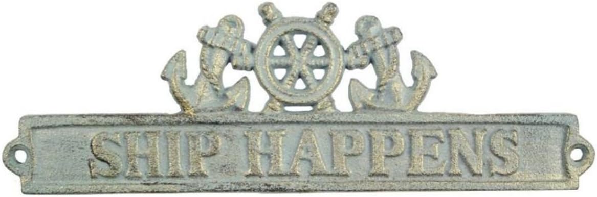 Hampton Nautical K-9329-bronze Cast Iron Ship Happens Sign Ship Wheel Anchor, 9", Antique Bronze