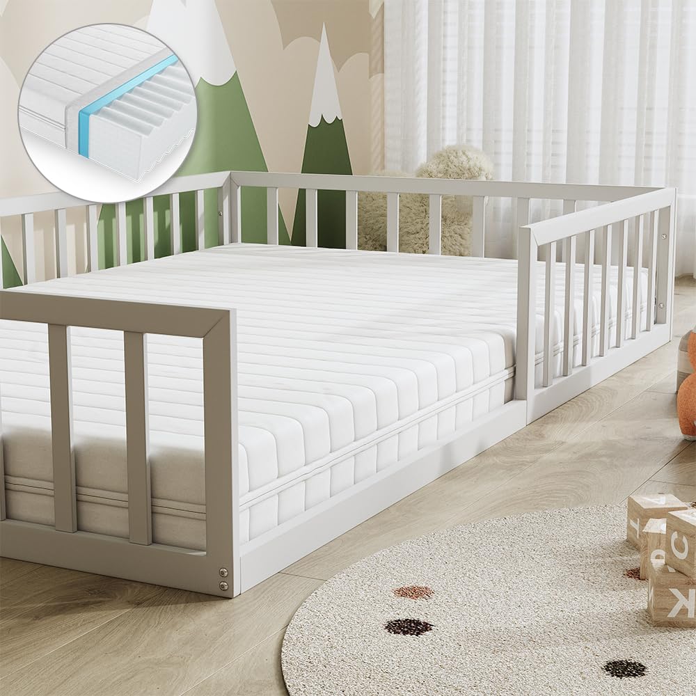 VitaliSpa Cama Baja Minno 120x200 cm, Cama Infantil Montessori de Metal con Barrera de Seguridad y colchón, Blanco