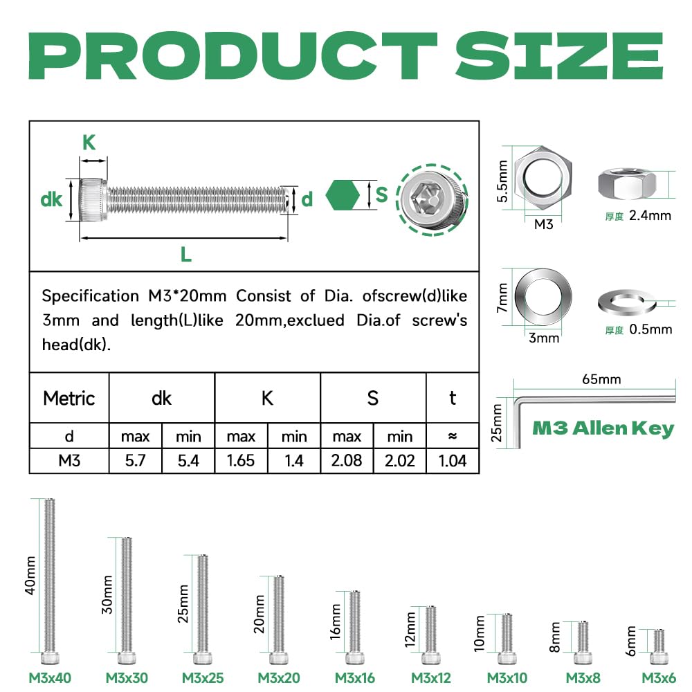 Set di 180 viti M3 x 30, viti a testa cilindrica, viti a testa cilindrica, con esagono incassato, in acciaio inox A2 V2A, filettatura completa, viti a brugola con dado in acciaio inox