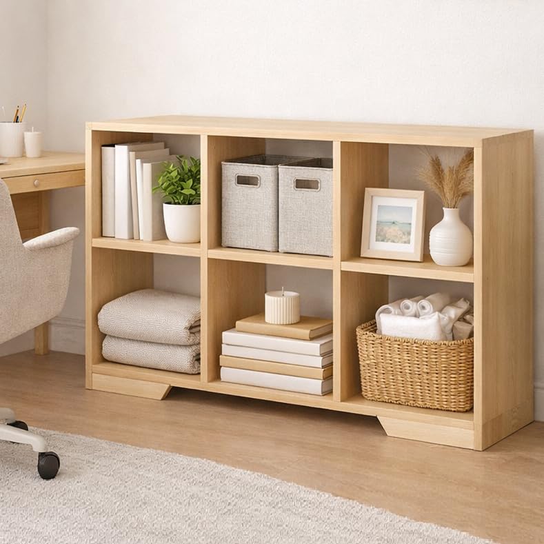 Image of 6 Cube Storage Organizer Wooden Bookshelf, Cube Shelf Bookcase, Small Bookshelf Storage Organizer, Narrow Cube Storage Shelf for Bedroom, Small Bookshelf for Living Room and Office (Natural, 6 Cube)