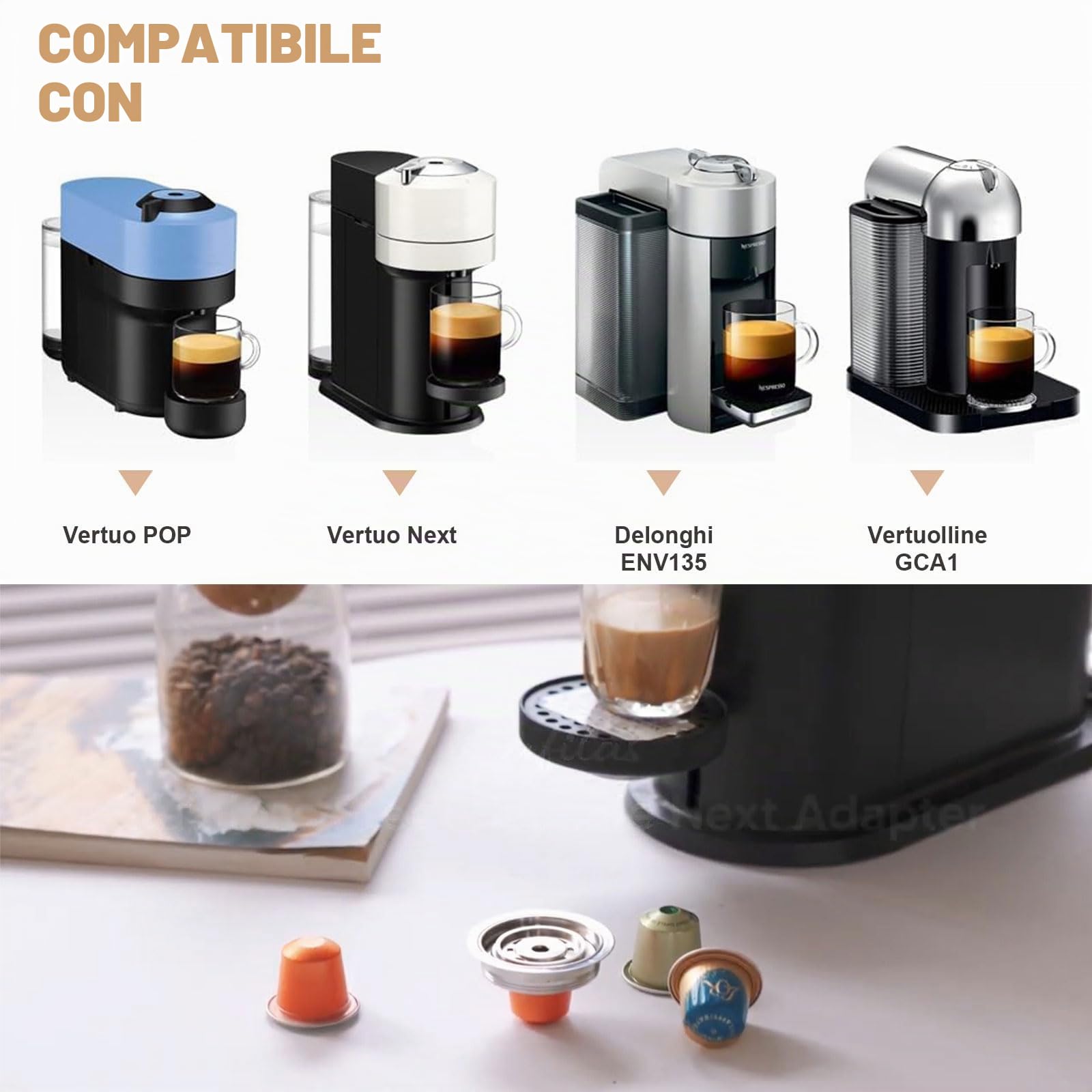 Adattatore riutilizzabile per capsule di caffè da 80 ml, adatto per Nespresso Vertuo