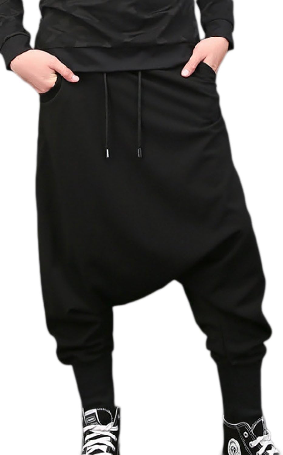 Suvimuga Men Drop Crotch Elastic Waist Casual Baggy Harem Pants Black One Size