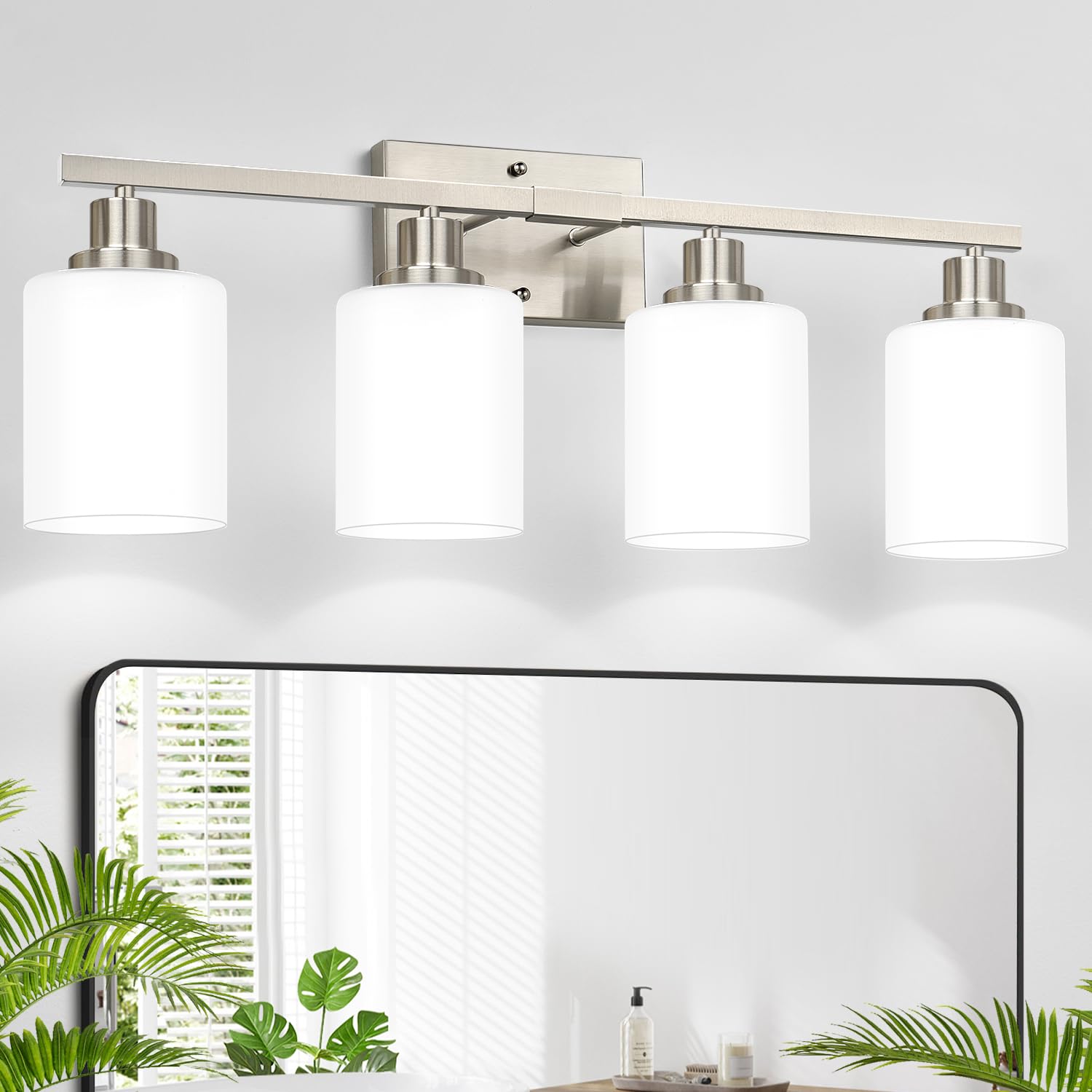 Photo 1 of MOKATNG 4-Light Vanity Light with Milky White Shades, Brushed Nickel Bathroom Lighting Fixtures Over Mirror, Modern Bathroom Wall Lamp for Mirror Living Room Cabinet Bedroom