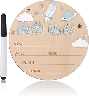 Hello World Baby Announcement Sign, 5.9in Wooden Newborn Birth Sign with Pen Rocket & Planet Decor Hospital Nursery Photo Prop & Keepsake Welcome Board for Newborn Boys and Girls