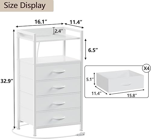 Miniatura 3 de Furnulem Mesita de noche blanca con 4 cajones de almacenamiento, cómoda alta para dormitorio con luz LED y estación de carga, mesa auxiliar para