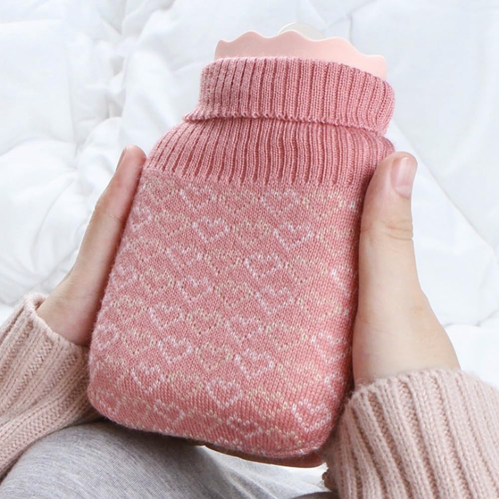 500ml Silicone Hot Water Bottle with Knitted Cover Leak-Proof Portable Reusable Hand Warmer for Home Warmth and Travel(Pink)