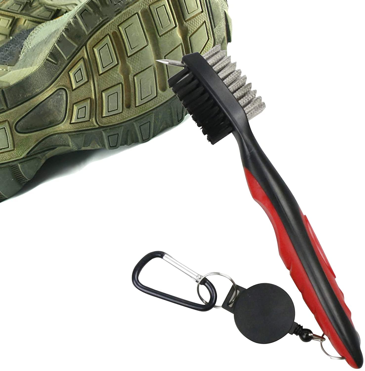 Cepillo de golf con limpiador de ranuras, cepillo de golf de nailon y acero, herramienta de limpieza portátil con mosquetón de aluminio ajustable para colgar en bolsa de golf (rojo)