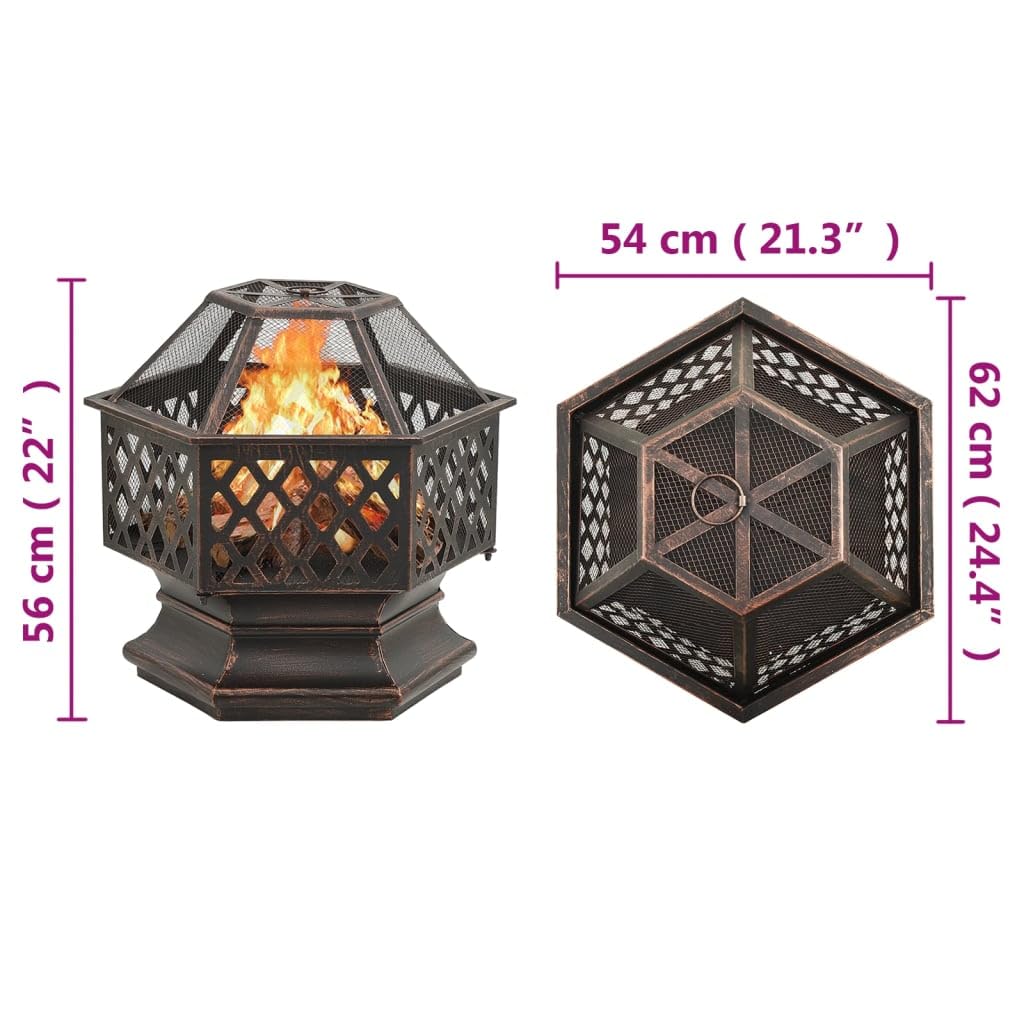 Feuerkorb mit Schürhaken Rustikal 62x54x56 cm XXL Stahl für Garten Terrasse, große Feuerschale mit Netzabdeckung und Ring, sicherer Funkenflugschutz