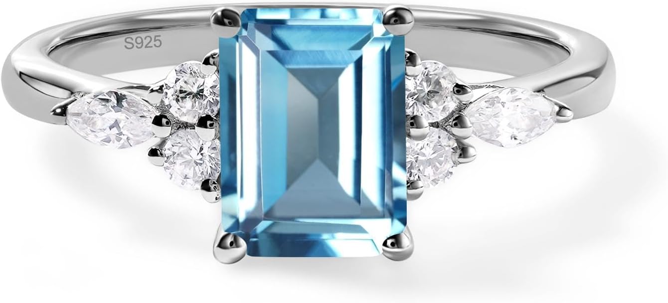 LUO London Blue Topaz Engagement Ring for Women, 6x8mm Emerald Cut Baguette Shaped Blue December Birthstone Ring Size 3 to13, Sterling Silver Wedding Rings for Birthstone Anniversary Christmas