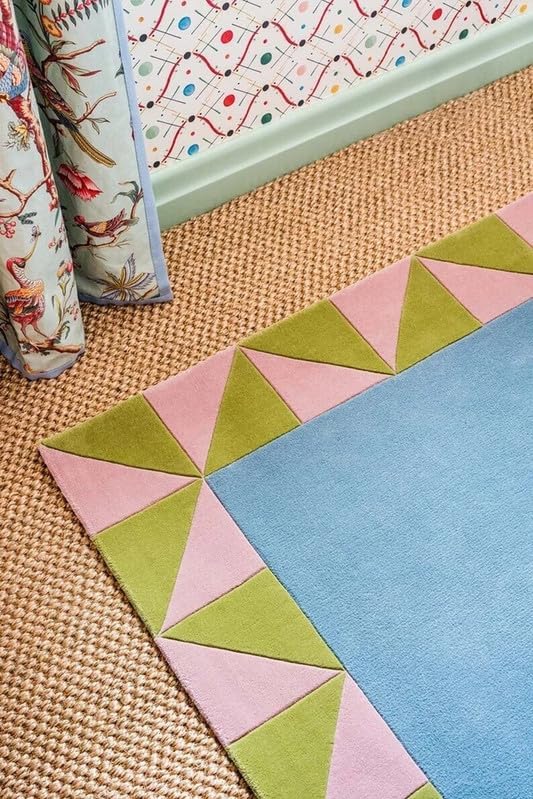 Hand Tufted Woolen Rug 12x15 Feet Modern Geometric Border Carpet for Living Room Bedroom Soft Premium Area Rug Anti Skid Blue Pink Green