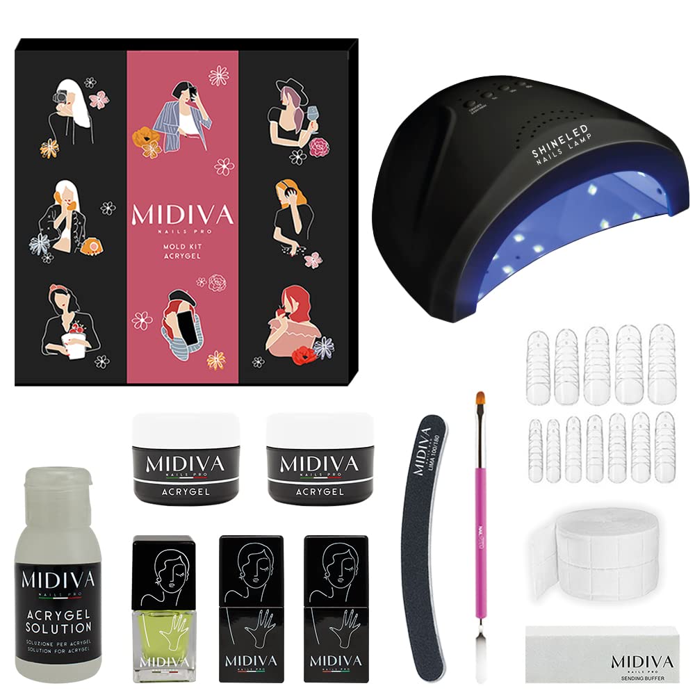 MIDIVA® Nails Pro kit Acrygel Unghie Completo "Mold" + Lampada led 48watt - Contiene 6 Prodotti Made in Italy: Progrip, Acrygel Solution, Shinegloss, Olio Cuticole e 2 Acrygel Pink/Clear + Accessori