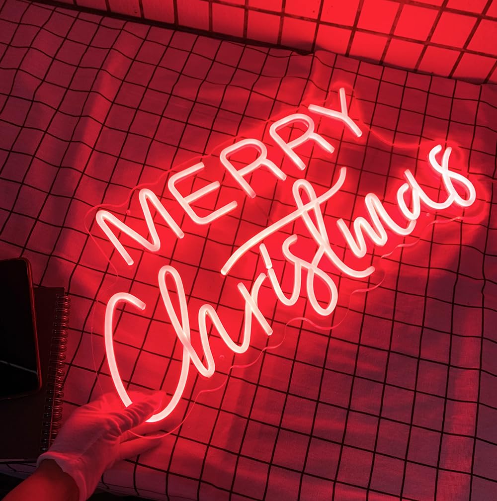 Letrero LED rojo de neón de 21 pulgadas, colgante regulable de Navidad, luces LED de Navidad para el hogar, ventana, garaje, tienda, decoración de paredes (rojo Feliz Navidad)
