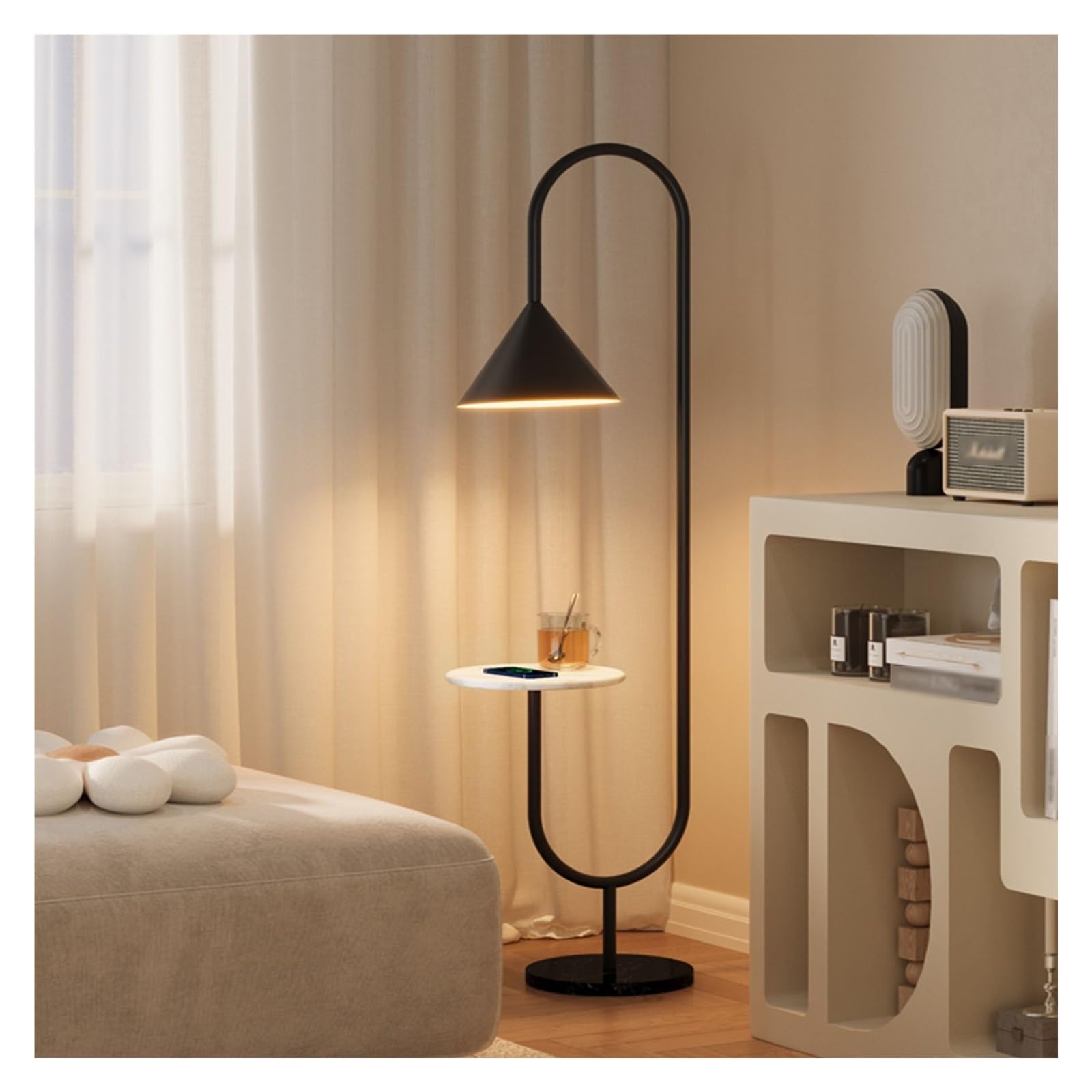 LJHFG63KUYT Standing Lamps Floor Lamp with Shelf, End Table Arc, Functional Bedside Lamps with Marble Decorate(Black)