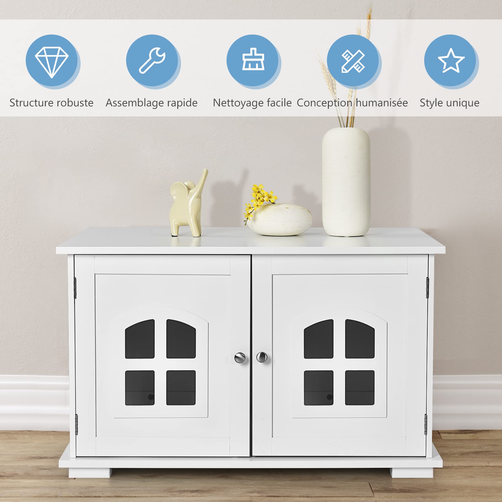 COSTWAY Maison Litiere pour Chat avec Double Portes, Meuble Litiere Chat, Fenêtres Entrée Latérale en Option Ventilée avec Couchage en Bois, Charge 20kg (Blanc)
