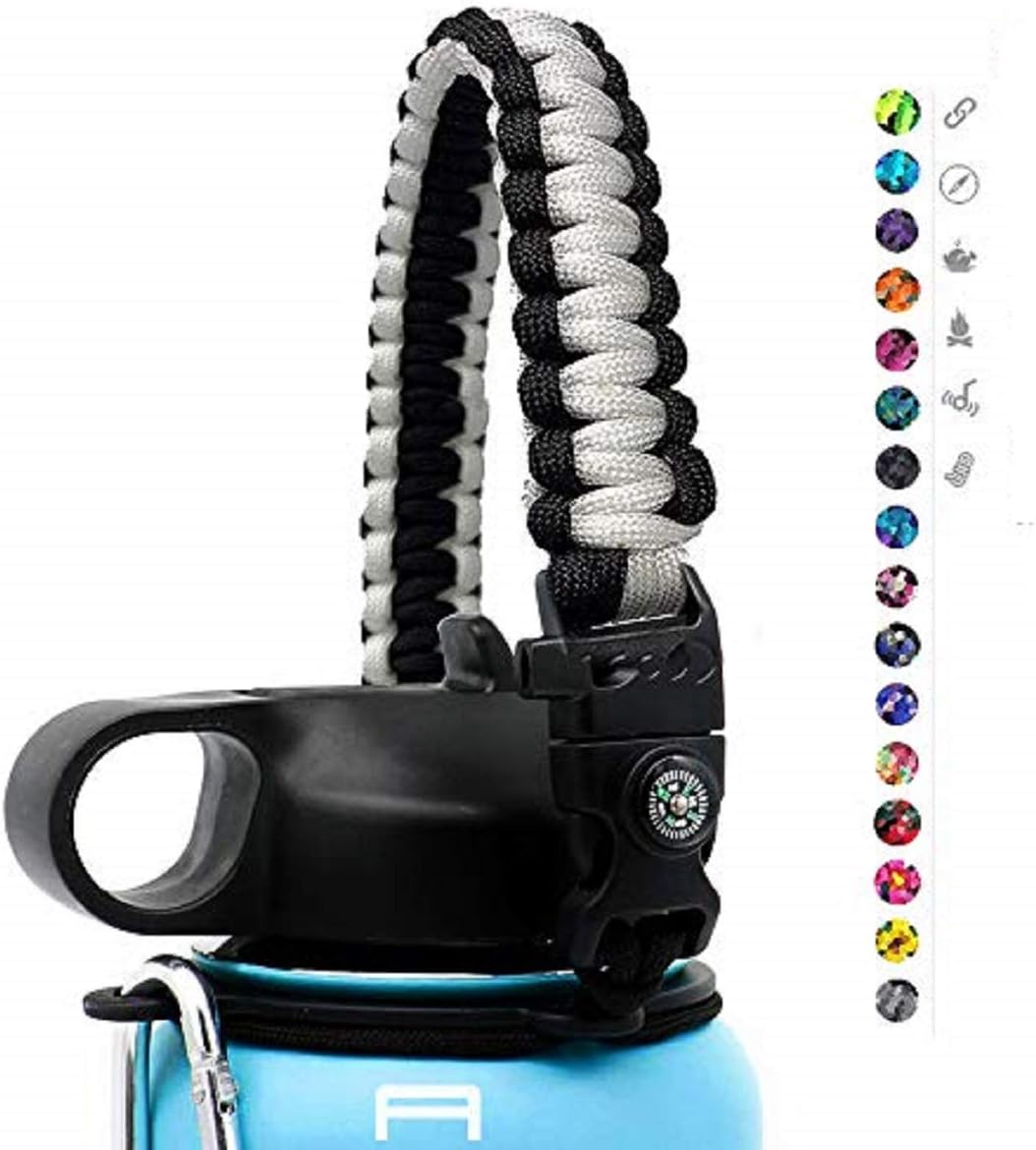 ALIENSX #1 Paracord Handle for Hydro Flask Water Bottle - Durable Carrier Survival Strap Cord with Safety Ring and Carabiner - Fits Wide Mouth Bottles 12 oz to 64 oz (Black/White)
