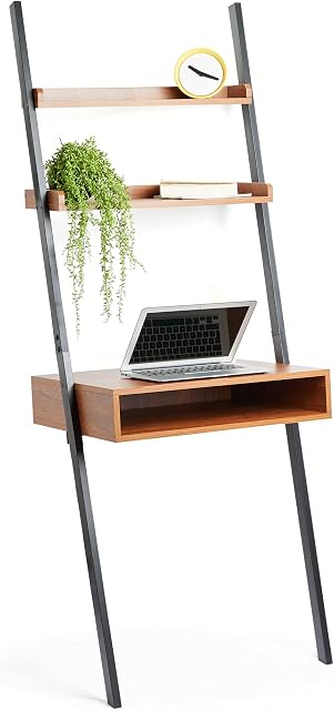 VonHaus Computer Desk - 3 Tier Ladder Desk with Deep Work Surface Area, Dark Wood, Metal Frame & 2 Shelves for Home Office, Industrial Living Room Furniture