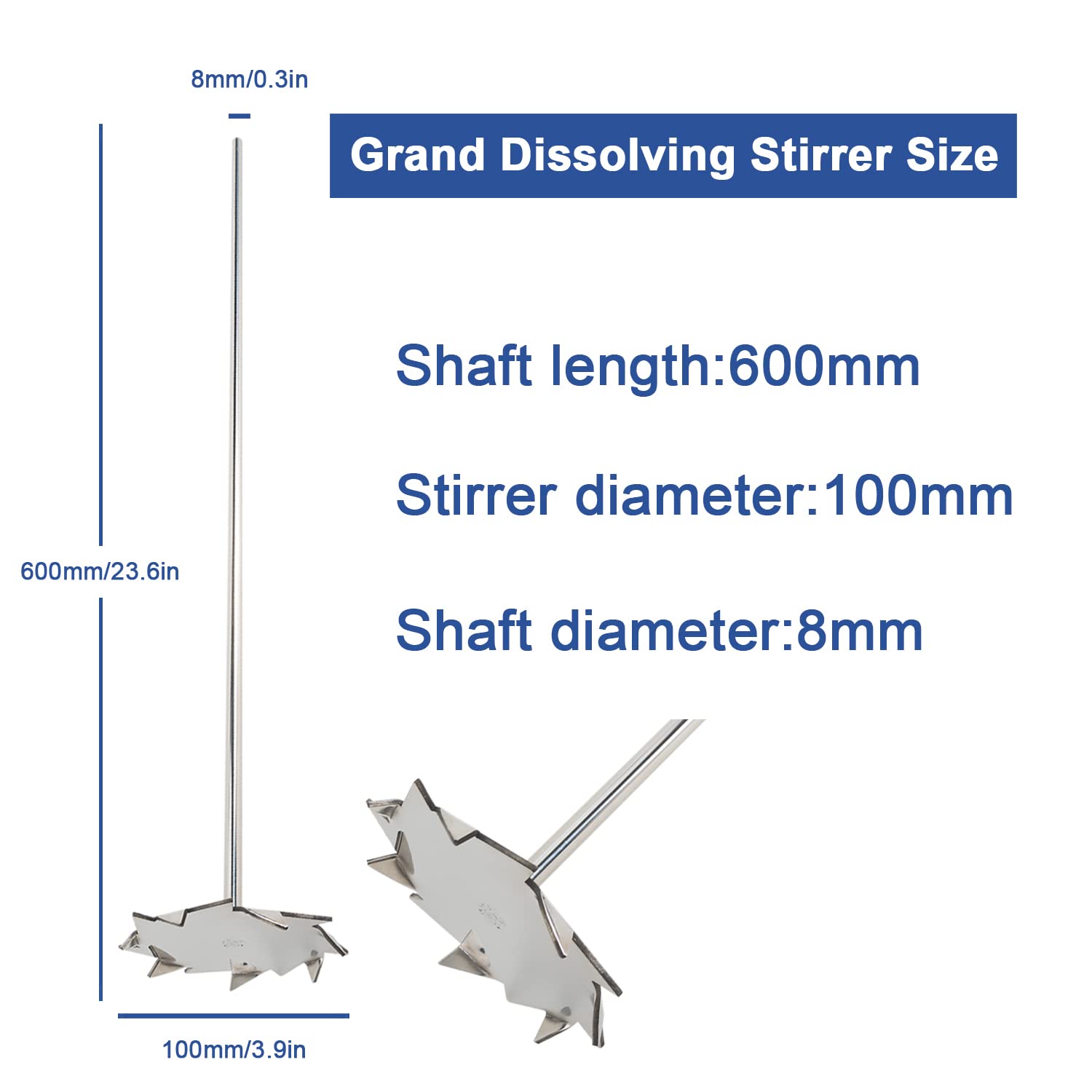 onilab 18900500 316l stainless steel grand dissolving stirrer,100mm stirrer diameter, 8 mm shaft diameter, 600 mm shaft length