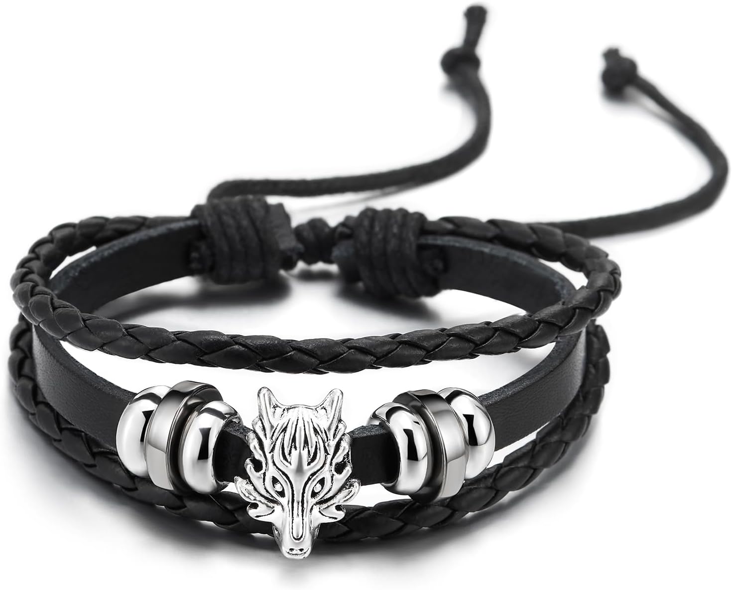 COOLSTEELANDBEYOND Mens Dragon Head Braided Leather Bracelet, Three-Strand Leather Wristband Wrap Bracelet - Image 5