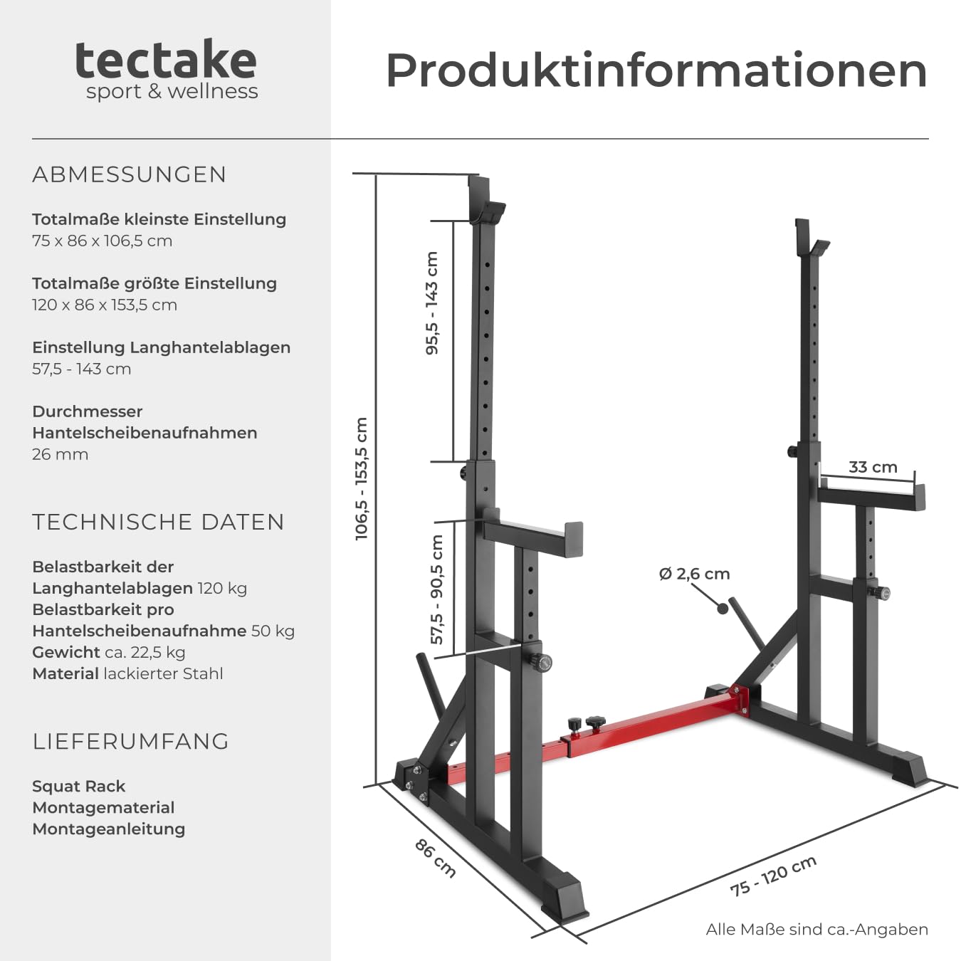 tectake® Squat Rack, Höhe und Breite verstellbare Langhantelablage, Kniebeugenständer mit Sicherheitsablage und Scheibenständer, Langhantelständer für Zuhause Fitness Training Home Gym