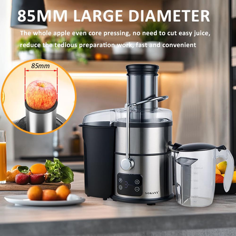SOKANY 1200W Entsafter Gemüse und Obst, LCD Touchscreen und Quick-Juicer mit optimierter Saftausbeute, Große 85 mm Einfüllöffnung, 5 Geschwindigkeitsstufen, Einfach zu Reinigen, Schwarz/Edelstahl