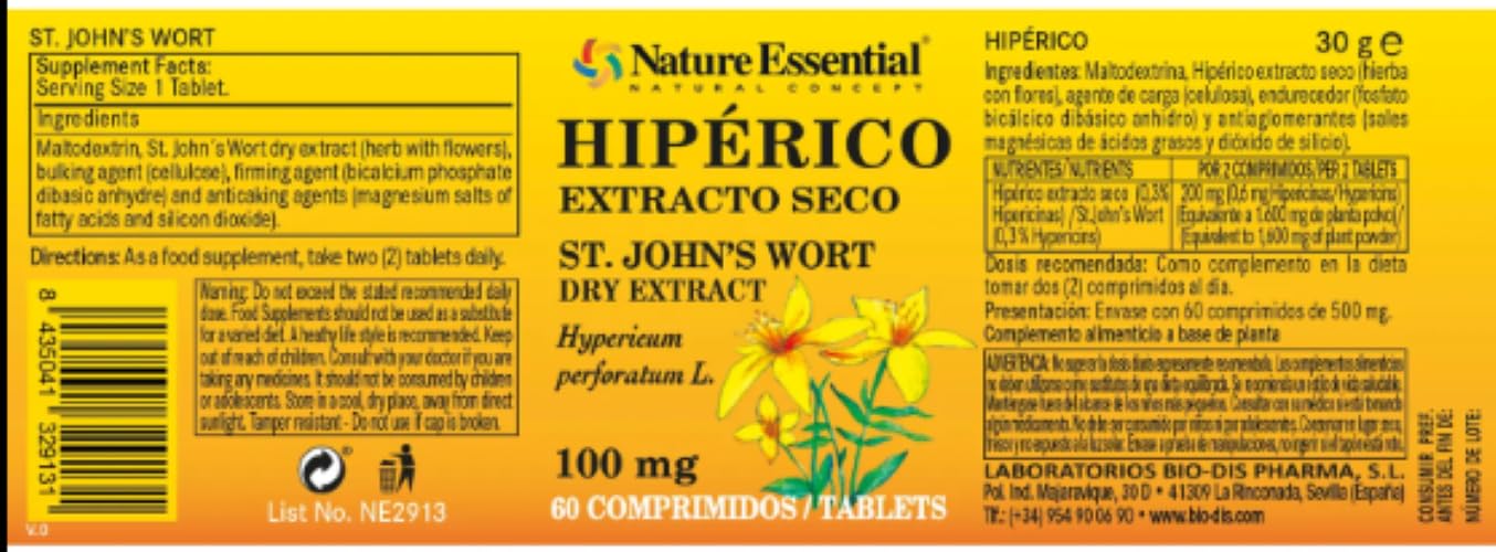 NATUREESSENTIAL HIPERICO 100mg (ext. seco) 60comp. – préparation en comprimés pour une prise régulière, boîte de 60 comprimés, convient à ceux qui souhaitent agir durablement sur leur bien-être et est