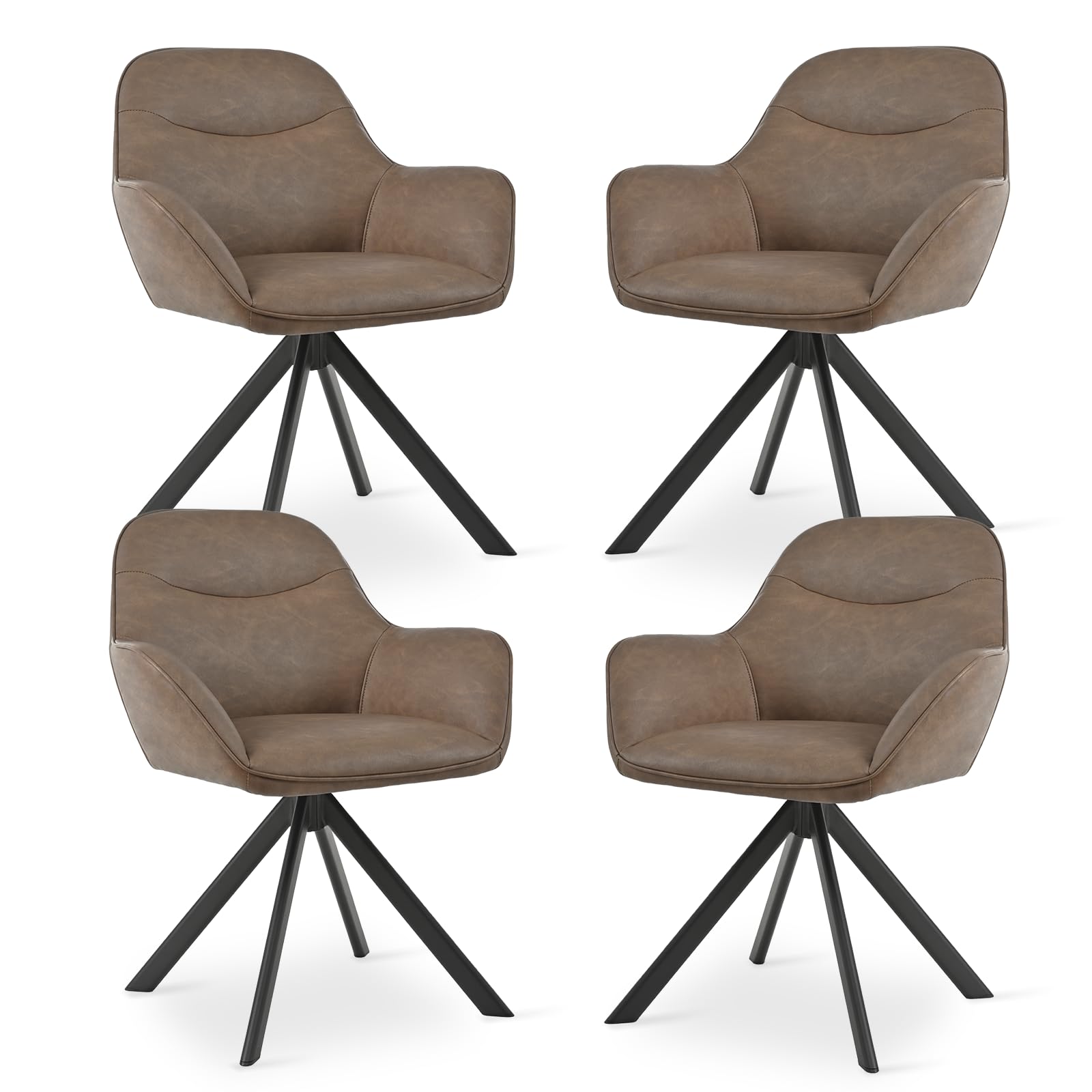Goeurvant 360° Swivel Dining Chairs Set of 4, Modern Kitchen Chair with Backrest & Metal Legs, Upholstered Armchairs for Living Room, Bedroom, Office, Vanity, PU Leather Fabric, Dark Brown