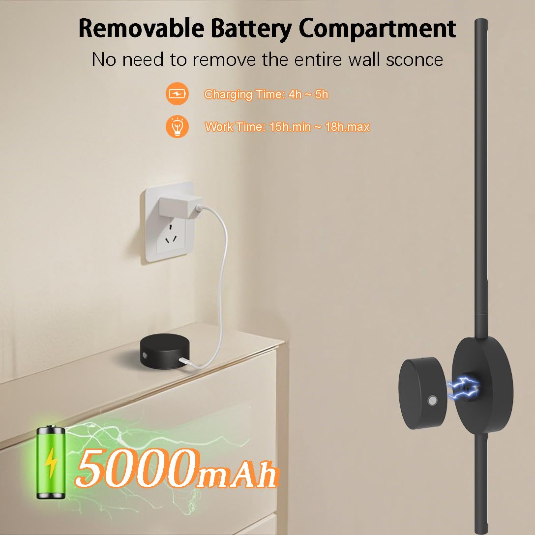 2 Stück Akku Wandleuchte 16 Farben RGB Dimmbar Wandlampe USB-C Wiederaufladbar 5000mAh Abnehmbare Batterie 70CM Nachttischlampe mit Fernbedienung Touch Control Wandlicht für Schlafzimmer Wohnzimmer