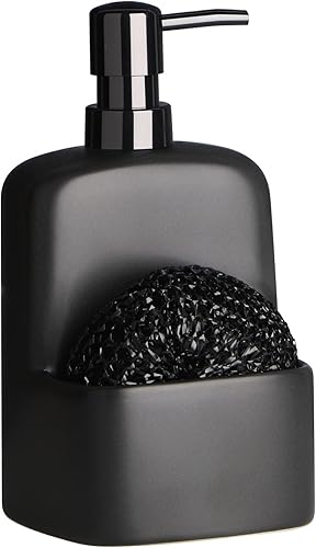 BosilunLife Dispensador de jabón para platos, dispensador de jabón de cocina de cerámica negra con soporte de esponja, dispensador de jabón de