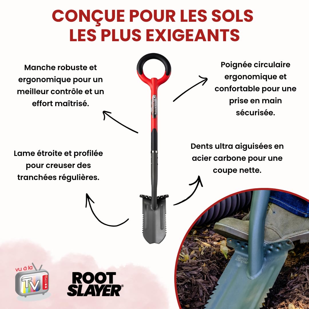 VENTEO - Bêche de Tranchée RootSlayer | Lame Dentée Acier Carbone Renforcé Haute Résistance | Coupe Racines sans Effort | Outil Jardinage Sol Dur | Tranchées Précises Drainage Irrigation Jardin