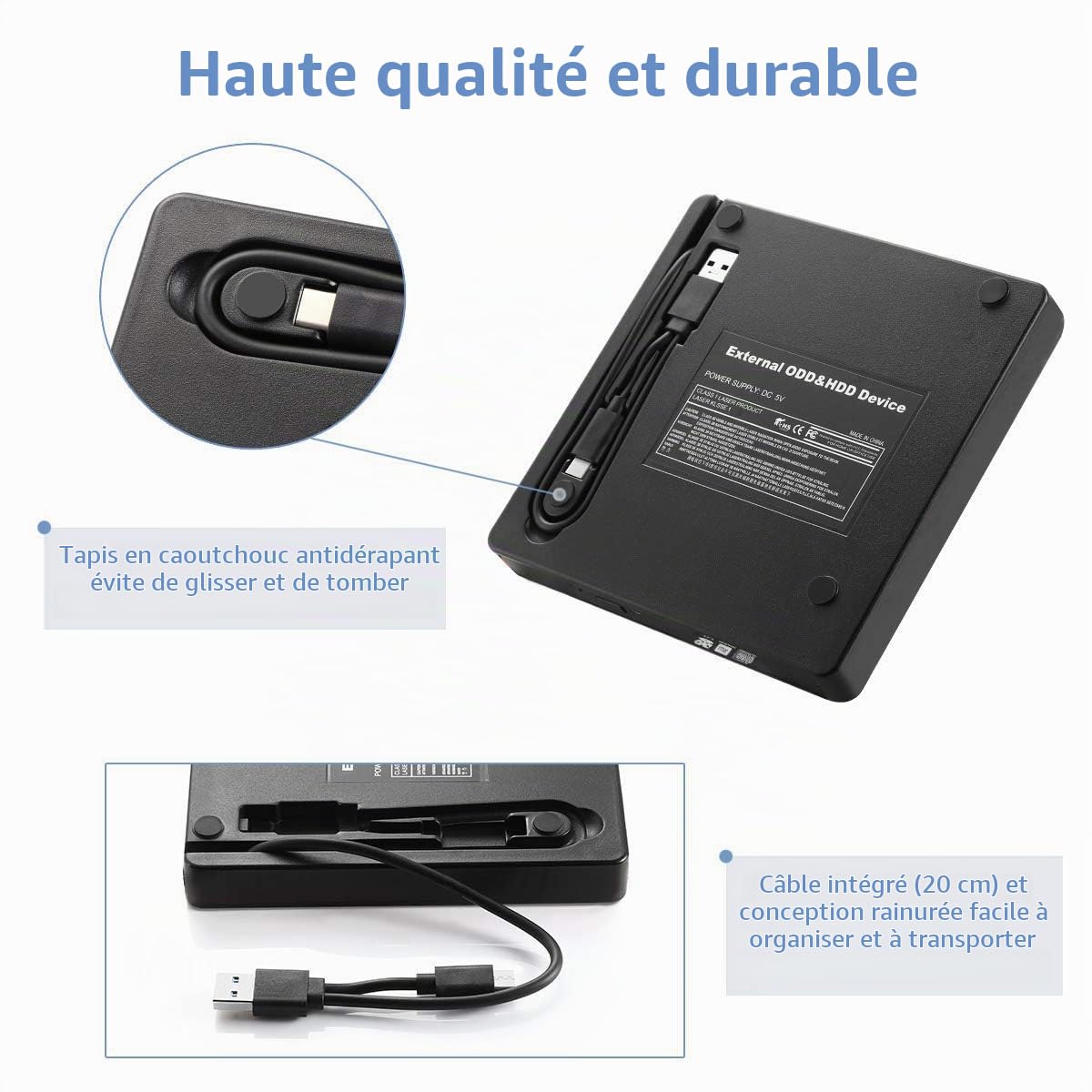 Lecteur CD/DVD Externe pour PC, USB 3.0 Type C Graveur Enregistreur Portable RW/ROM Mince Transmission Rapide Câble USB Intégrée Windows/Mac OS/iMac/Macbook/Laptop/Desktops/PC