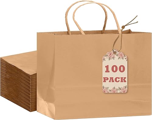 qiqee Bolsa de regalo grande de 13 x 4.5 x 10 pulgadas con asas, 100 bolsas de papel de regalo, bolsas marrones, múltiples usos (ancho grande)