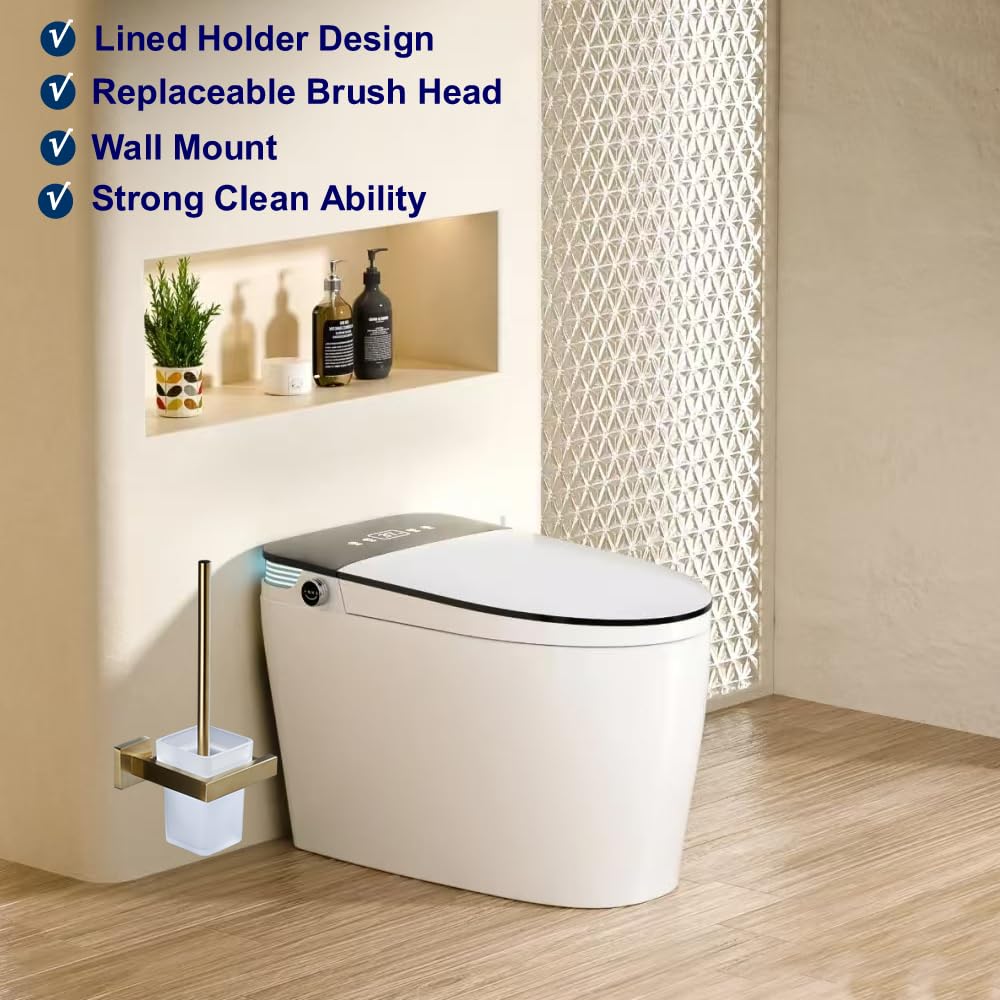 Toilet Brush with Holder Wall Mounted Stainless Steel Holder Glass Canister with Toilet Brush Luxury Toilet Brush Holder Set for Bathroom, Brushed Gold GT21109BG