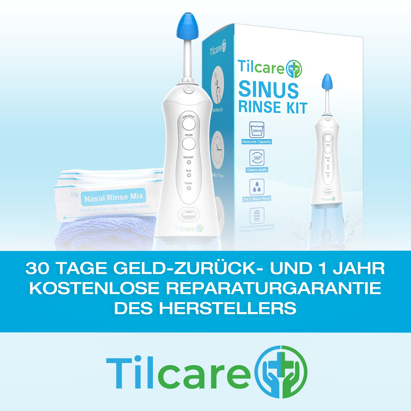Elektrisch Nasendusche von Tilcare – Für Befreiung der Nasennebenhöhlen und der Bekämpfung von Allergien - Elektrischer Neti-Topf für Erwachsene - Inclusive Handtuch und 30 Salzpackungen