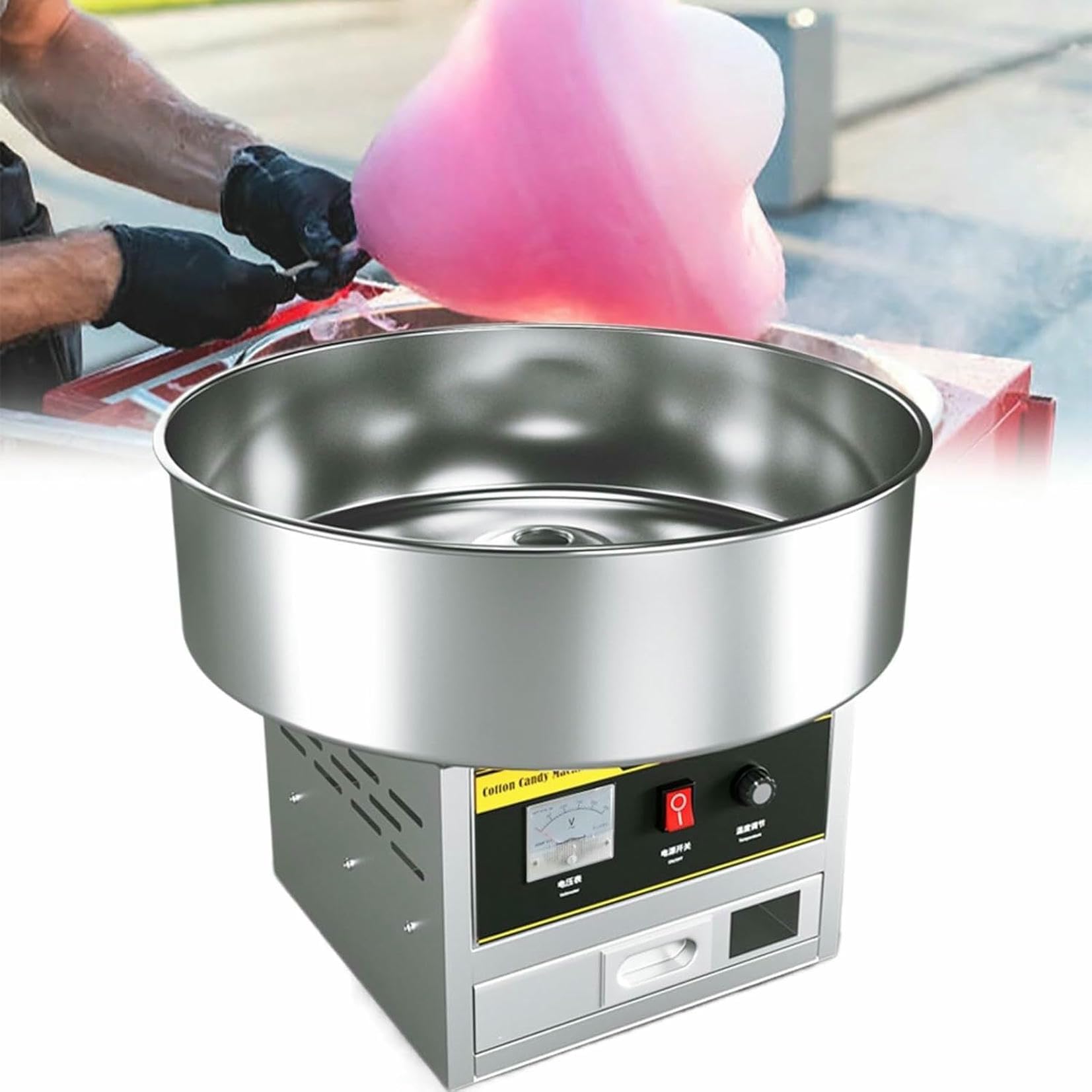 Máquina comercial de algodón de azúcar de 1200 W con tazón de acero inoxidable y cuchara para azúcar.