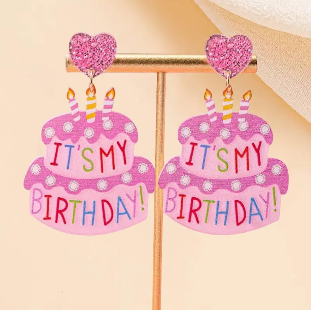Cute IT'S MY BIRTHDAY Cake Dangle Earrings for Women Acrylic Sweet Pink Earrings Christmas Birthday Jewelry - Image 4